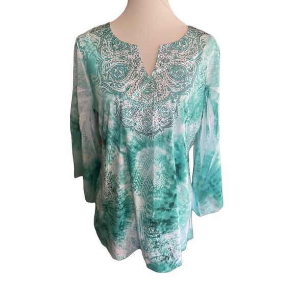 JM Collections Woman Mint Green and White Sequined Boho Blouse with Flaired Bell - Picture 5 of 13